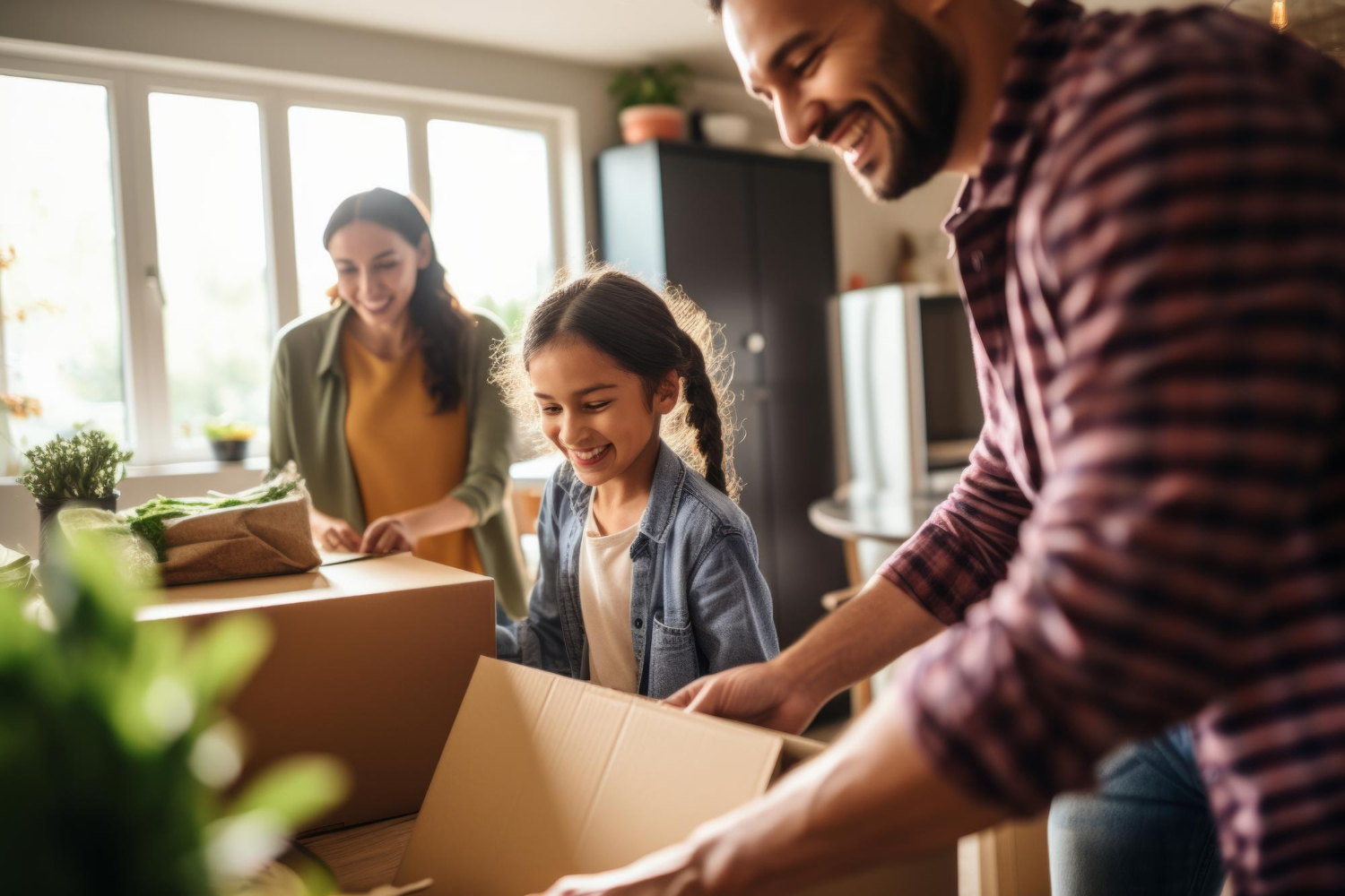 Image illustrant une famille en pleine action de déménagement, avec des boîtes et des bagages, démontrant l'importance de bien s'organiser lorsqu'on envisage de déménager, particulièrement en cas de garde alternée.