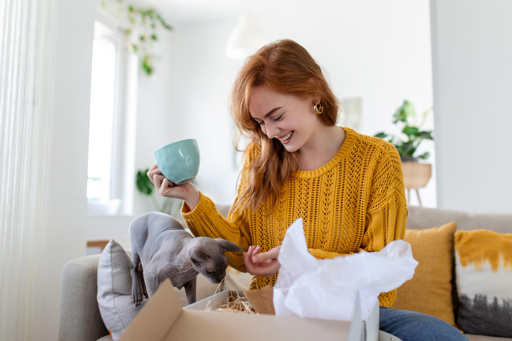 Chat curieux explorant des cartons de déménagement et habitué à sa nouvelle maison.