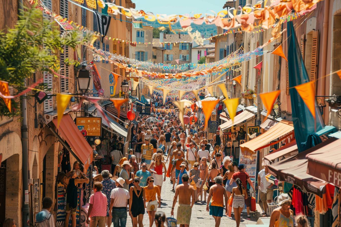 Participants enthousiastes célébrant lors d'un festival coloré à Aix-en-Provence, incarnant l'esprit de fête local